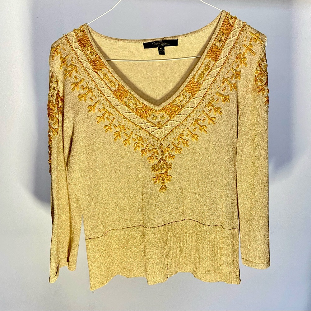 Vintage Golden Embroidered Beaded Blouse – Size XL (Runs Small)